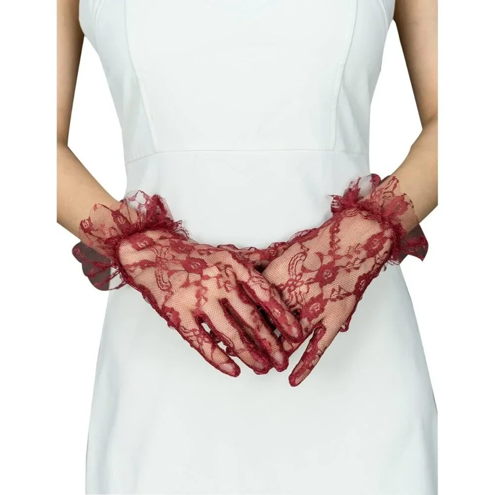 Women's Red Vintage Evening Short Lace Gloves Wedding Party Prom Accessories - Picture 2 of 6